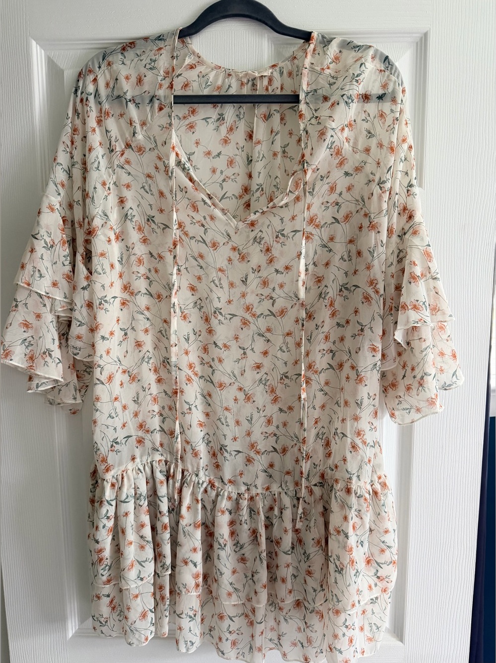 Crescent Cream Floral Ruffle Mini Dress with Orange Floral Pattern